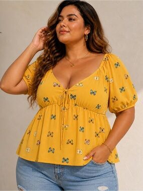 Women Plus 4X Yellow Butterfly Babydoll Y2K Peplum Top Fairy Cottage Festival